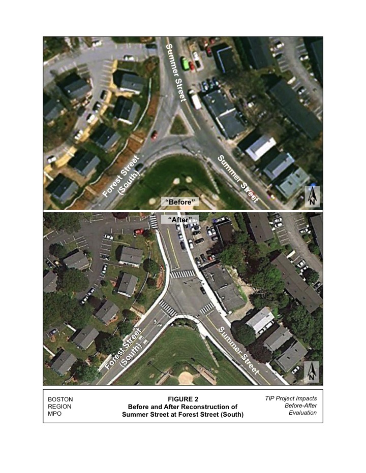 Aerial photos showing the Summer Street at Forest Street (South) intersection before and after the reconstruction of the intersection.